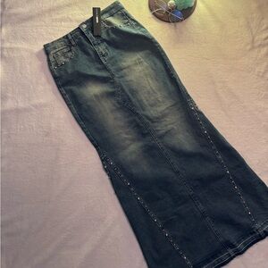Dark Wash Long Denim Skirt with Stud Trim